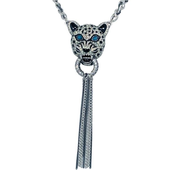 Betsey Johnson Crystal Snow Leopard Door Knocker Necklace 19" WHITEOUT - Picture 3 of 10